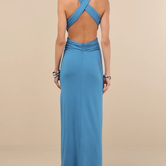 Lulus Alexandria Turquoise Backless Column Maxi Dress Blue - Size M - Picture 2 of 2